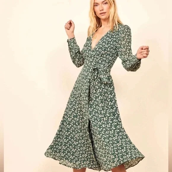 REFORMATION Susanna Wrap Dress - Dark Green Floral Long Sleeve - Picture 1 of 10
